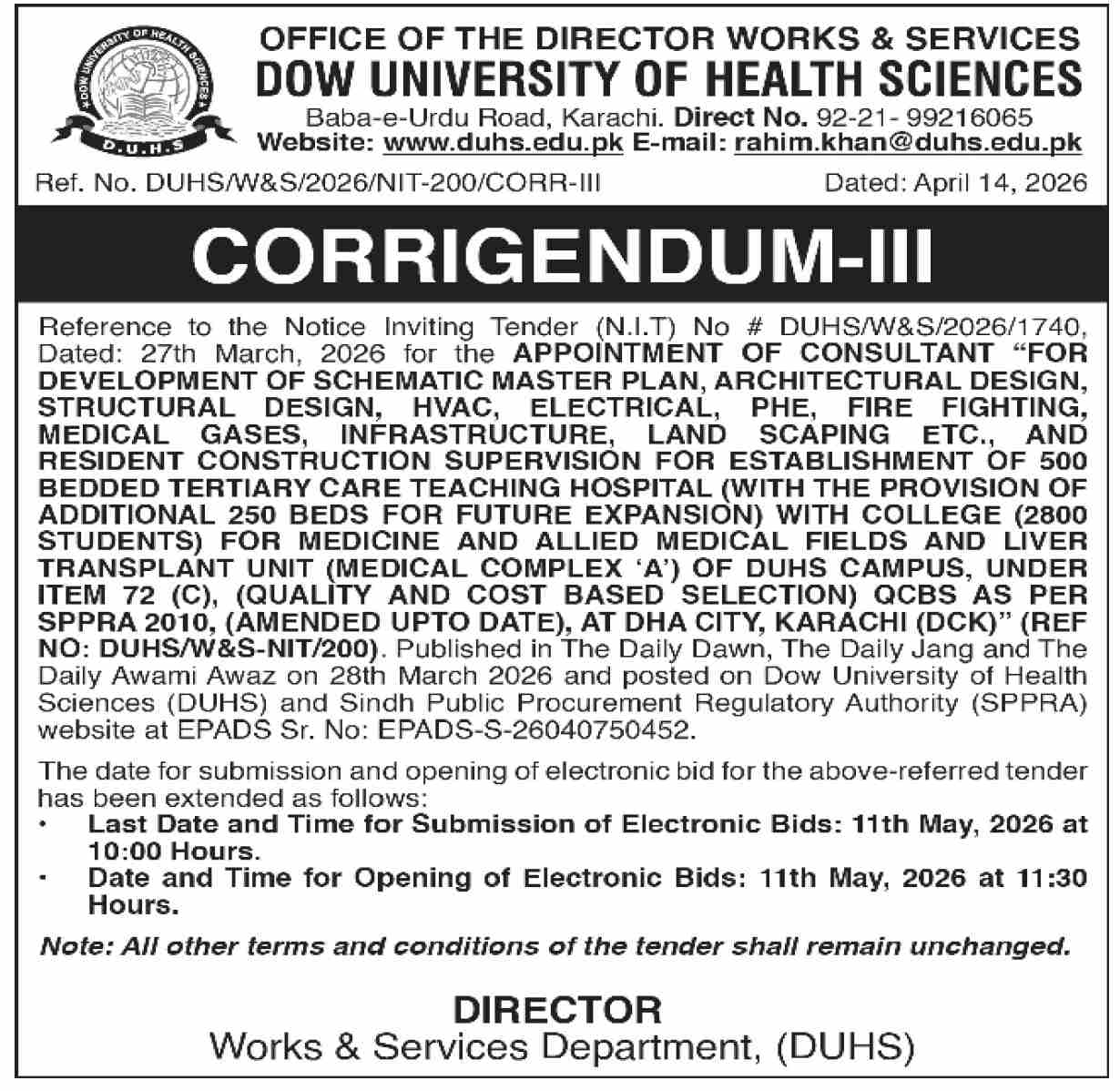 CORRIGENDUM-III - Consultant for 500 Bedded Hospital Project at DHA City Karachi